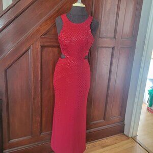 La Femme Red Sleeveless Backless Gown With Rhinestones & Straps - Evening/Formal
